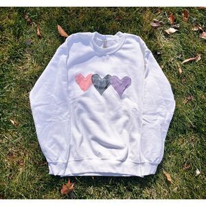 Upcycled Heart Patches Crewneck Sweatshirt Valentines White Women S
